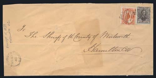 ... Unitrade $3,750 70 #16, 15 1859 10c black brown Consort on Cover with a #15, to pay three times the weight rate of 15c, Toronto AUG.15.1859 to Hamilton same day arrival on back.