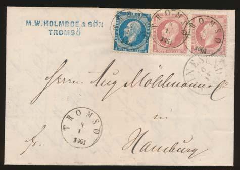 1313 Norway #4 1856 4s dark blue King Oscar S.F.L. with a strip of 3 plus a single, tied by numeral 256 of Sarpsborg, with blue cds OCT.27.1857 paying the 16s rate to Hamburg (receiver on back).