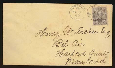 72 #17 1859 10c brown Consort on Cover, mailed from Montreal with FEB.5.1862 Berri duplex to Bel Air, Maryland, USA.