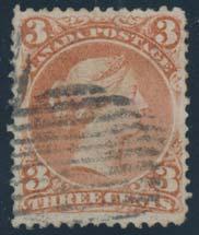 ...Unitrade $700 100 #25a 1868 3c red Large Queen on Watermarked Paper, used with grid cancel.