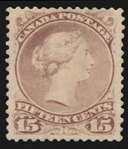 ...unitrade $160 109 * #30c 1868 15c deep violet Large Queen on Thick Paper, mint hinged, with full original gum.