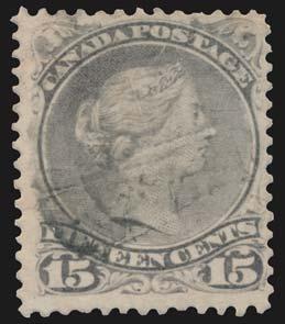 ...unitrade $1,200 110 111 #30d 1868 15c greenish grey Large Queen with Script Watermark, used with light cancel and a few