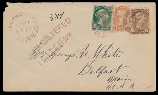 129 #36, 37, 39 1875 11c Registered Cover to Belfast, Maine franked by 2c, 3c and 6c Small Queens, paying for the scarce 6c cross border, plus 5c registration rate.