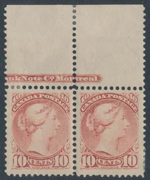 $50 145 */** #43 1890 6c red brown Small Queen Block of 10, mint, with only two hinged stamps, fresh with very light gum skips affecting one stamp and fi ne. Eight never hinged.