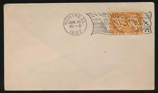 Jubilee Issue continued 153 #51 1897 1c orange Jubilee on Cover, tied by complete fancy Victoria fl ag machine