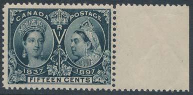 162 ** #58 1897 15c steel blue Jubilee, mint never hinged marginal copy with full selvedge at right,