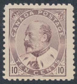 ...unitrade $1,750 291 ** #95 1908 50c purple King Edward, mint never hinged, fresh with large margins and a full sheet