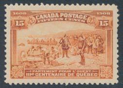 ...unitrade $550 297 ** #102 1908 15c orange Quebec Tercentenary, mint never hinged, with large margins all round, deep colour and extremely fi ne. Accompanied by 2013 Greene Foundation certifi cate.