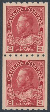 ... Unitrade $3,079 x314 x316 314 ** #123-124 1913 1c and 2c Admiral Vertical Coil Pairs, perforated 8 horizontally, both mint never