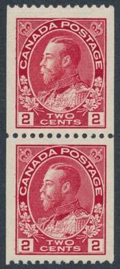 ... Unitrade $2,066 327 */** #130 1924 3c carmine Admiral Wet Printing Coil Strip of Four, mint, two middle stamps lightly hinged, very fi ne.