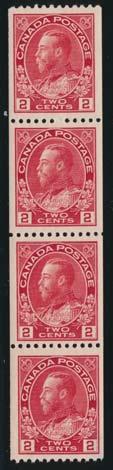 ...unitrade $300 332 */** #132iii 1915-24 2c rose carmine Admiral Strip of Four, mint, top and bottom stamps hinged, very fi ne.