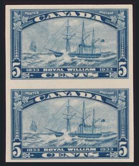 ...scott $1,758 367 ** #204a 1933 5c dark blue Royal William Vertical Imperforate Pair.