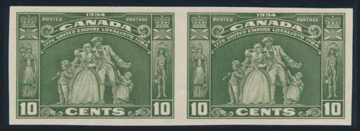 ...scott $1,593 369 ** #208a 1934 3c blue Jacques Cartier Marginal Horizontal Imperforate Pair. Mint never hinged, with only a light gum bend on one stamp, else very fi ne.