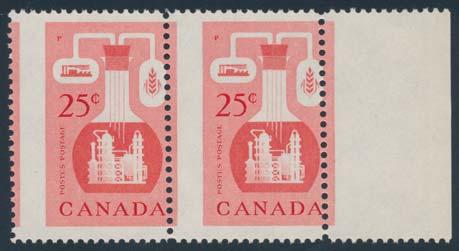 382 ** #363 1956 25c red Chemical Industries, mint never hinged horizontal pair, with vertical perforations shifted to the left by at least 4 mm, thus showing part of a third