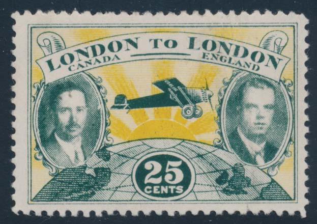 Lot 476 ** #CLP6 1927 LONDON to LONDON FLIGHT 25 cents green and yellow 476 ** #CLP6 1927 LONDON to LONDON FLIGHT 25 cents green and yellow In 1927, Carling Breweries offered a $25,000 prize to the