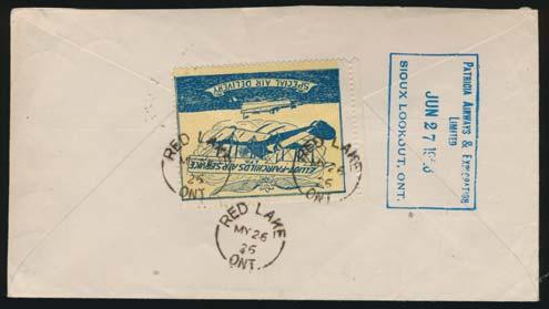 ...unitrade $307 499 #CL9, CL9c 1926 Elliot-Fairchilds Pair of Covers, one with CL9c (fi lled-in wing) tied by Red Lake MAY.26.1926 cancels with Patricia Airways & Exploration Ltd.