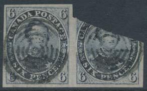 ... Est $750 9 #2 1851 6d slate violet Consort Horizontal Pair, used, with centered 7-ring cancel.