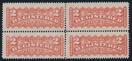 ...Unitrade $575 568 * #F1b 1888 2c rose carmine Registration Block of Four, mint with full original gum, lightly hinged and fresh. Fine centered. Accompanied by 2008 Greene Foundation certifi cate.