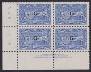 ...unitrade $360 602 ** #O45ai 1961-1962 20c Paper Industry Overprinted G Official, upper right and lower right blank corner blocks showing the High Flying G, both never hinged, very fi ne.
