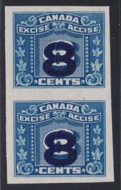 ...van Dam $2,094 x633 637 625 * #FX28, FX28d 1915 14c on 9c Excise Tax, plate strip of three with the left hand pair having one stamp without the overprint, hinged, fi ne.