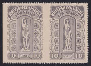 ... Van Dam $175 642 #BCL40a 1942-1948 $1 blue British Columbia Law Stamp, Horizontal Pair Imperforate Between, used on small piece with violet