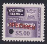 ... Van Dam $450 648 ** #NBV6-NBV8 1958 50c, $1 and $5 New Brunswick Vacation Pay Stamps, mint never hinged with red SPECIMEN