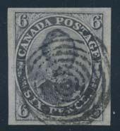 ...unitrade $1,250 15 #2b 1851 6d grayish purple Consort on Laid Paper, used with target cancel.