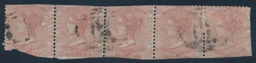...scott $2,135 706 #2 1860 2½d dull rose Queen Victoria Strip of Three, used with two #10 in grid (Williams Creek) cancels plus a large part