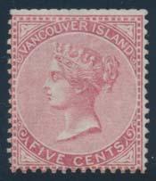 $500 712 712 713 #4 1865 10c blue Queen Victoria Imperforate, used with part long oval Post Offi ce Victoria Vancouver Island Paid cancel in blue. Four balanced margins and a very fi ne stamp.