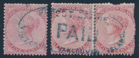 British Columbia and Vancouver Island continued 716 #5 1865 5c rose Queen Victoria Trio, with a pair and a single, all of which form a complete long oval Post Offi ce Victoria Vancouver Island