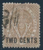 $2,500 722 723 #8 1867 2c on 3d brown Perf. 14 Surcharge, used with part of numeral #26 in grid (Langley). This was the only Langley cancel in this collection. Pulled perf at top, else fi ne.