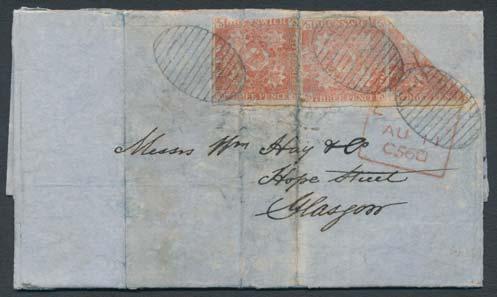 ...scott $2,242 738 #1 1851 3d red Heraldic, used with oval grid cancel and close to large margins.