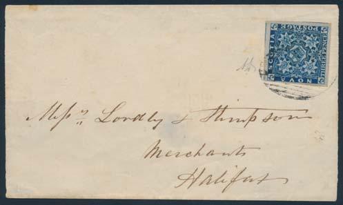 758 759 #3 1859 3d dark blue on Folded Letter to Halifax. Three huge margins (showing portions of two other stamps) and close on one stamp is tied to cover by oval grid cancel.