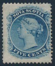 ...unitrade $500 766 * #10 1860 5c blue Queen Victoria, mint lightly hinged with deep colour and redistributed gum. Fine-very fi ne.