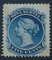 ...unitrade $250 768 (*) #10 1860 5c blue Queen Victoria Trio, all unused (no gum) and fi ne.