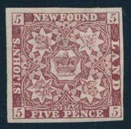 ...unitrade $900 787 788 787 ** #5 1857 5d brown violet Heraldic, mint with original gum, from top right corner of sheet. Catalogued as NH as the hinge is just clear of the design.