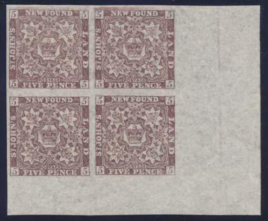 Newfoundland continued 793 ** #12Ai 1861 5d violet brown Heraldic Marginal Block of Four, on watermarked paper, mint with full