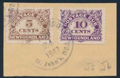 ... Unitrade $446 862 x862 #J1-J6 1947 1c to 6c Postage Due Set on three pieces, each cancelled with a REGISTERED St.