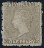 ... Scott $140 980 (*) #26 1881 1d drab Queen Victoria, unused no gum, three large margins, showing next stamp at right, perfs into design at top, fi ne-very fi ne.