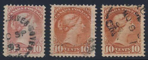 ...unitrade $22,800 87 #45v 1897 10c dull rose Small Queen with pitted right 0, from position 21, two used copies, each