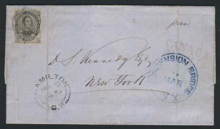 $150 1306 #2 1853 6d slate violet Consort on laid paper, with 4 large, even margins tied by 7-ring target cancel to folded letter from Hamilton (MAR.9.