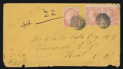 1310 #14, 20 1866 Registered Cover to Thamesville, C.W. 5c rate paid with pair of #20 and single #14, each tied by a 7-ring target. Mailed at Murvale on DEC.8.1877 (latest recorded use of this double broken circle) with indistinct G.