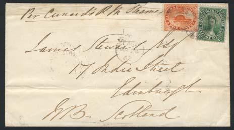... Est $500 1311 #15 1867 5c Beaver cover with More-to-Pay, franked with three 5c Beaver and mailed at Kingston SEP.6.1867. Addressed to Picton with same day backstamp.