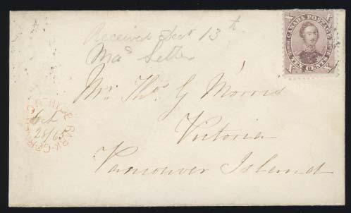 ..est $150 1312 #15 1868 5c Beaver Cover to New Brunswick, #15 tied to yellow cover by Quebec duplex FEB.8.1868 to Dalhousie, N.B. (receiver dated FEB.14.1868. A late use of a Cents issue.