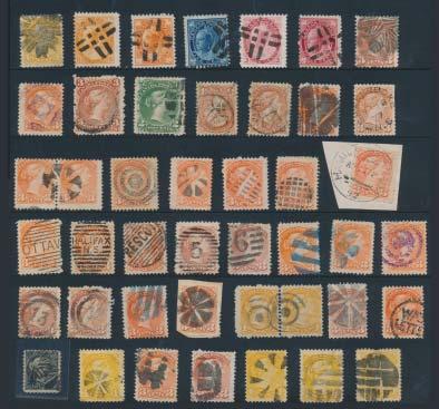 1369 #75-78 Collection of Ontario CDS Town Postmarks on 1c to 3c Numeral Issues, all in 5 fi lled glassines, with about half on piece. Mostly all are socked on the nose CDS or broken circle cancels.