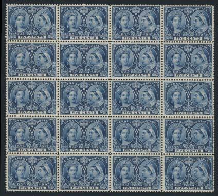 101 ** #54 1897 5c deep blue Jubilee, mint never hinged block of 20, minor perf separation on a few stamps.