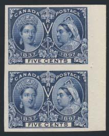 ..est $1,000 107 108 102 102 105 #54 1897 5c deep blue Jubilee, used with socked on nose Embrun JUN.25.