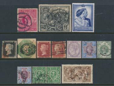 1884 */**/ Collection of Mint and Used in Bankers Box, 1840 to 1992. Starts with used Penny Black (cut into), respectable 1883 5/ and 10/, 1902 2/, 1913 and 1934 2/6 and 5/ Seahorses.