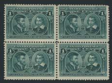 .. Scott $636 186 */** #97i 1908 1c green Quebec Tercentenary, block of four with prominent hairlines, one never hinged, and 3 stamps hinged, fi ne-very.