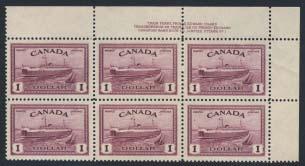 ..unitrade C$900 297 ** #273 1946 $1 red violet Train Ferry mint never hinged plate block of six and from top right of pane.
